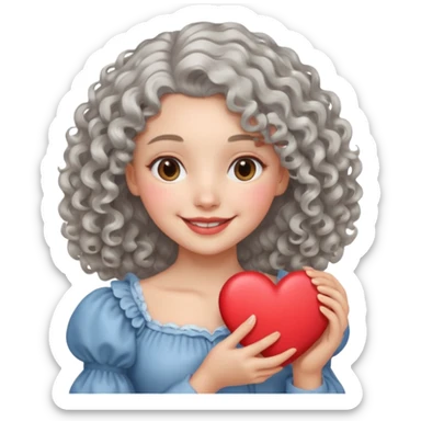 silvery curly/wavy shoulder-length hair smiling lady holding a heart less hair sticker