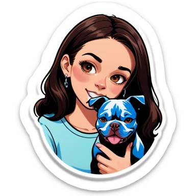 Slightly overweight beautiful girl with choppy long dark hair with her nose piercing and her black iPhone with her her pet pit bull girl with an underbite layed next to her sticker