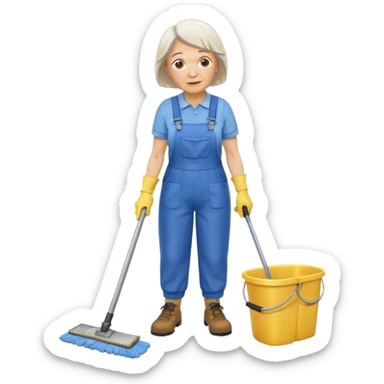 old women, Custodian with yellow rubber gloves, white T-shirt, blue overalls, mopping floor sticker