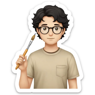 Young caucasian man with black wavy hair, round glasses, beige painting shirt, holding a square paintbrush sticker