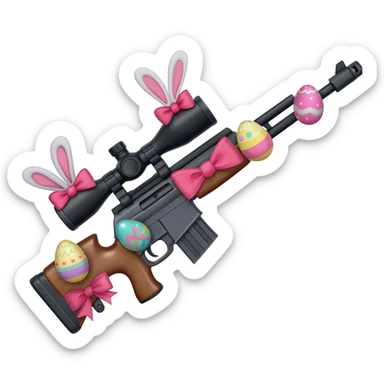 easter theme sniper rifle like with bunny ears and eggs and pink and a tie bow sticker