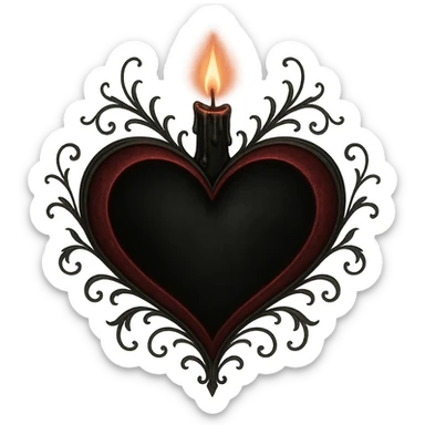 romantic goth heart with a candle and soft glow, gothic style, black and crimson, delicate sticker