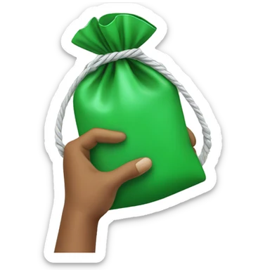 hand holding a green pouch tied with string sticker