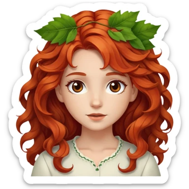 White red-haired girl with wavy hair and brown eyes, with some leaves in her hair. sticker