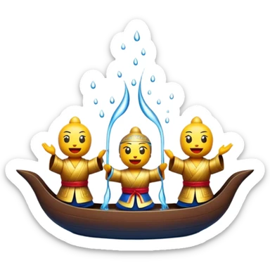 Cinematic Realistic Water Puppetry Emoji, depicted as a whimsical scene of traditional water puppets performing on a reflective water stage, rendered with vivid textures and dynamic playful lighting that captures its enchanting charm. sticker
