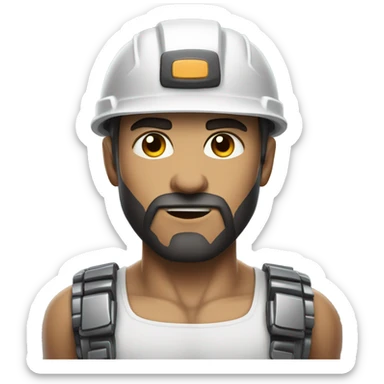 muscular cyborg face half human with short straight, dark hair, hardhat, and a neatly trimmed beard sticker