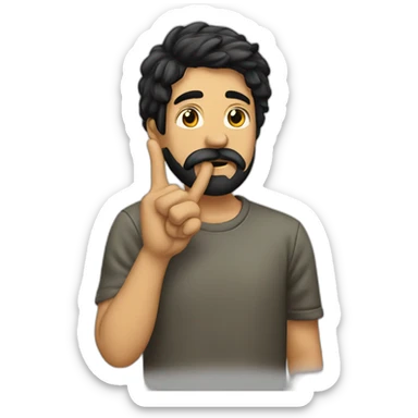 A guy with his finger in his mouth making the silence sign, black hair, beard sticker