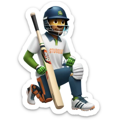 a person holding a cricket bat on one hand, and a laptop on the other hand. Also, wearing a cricket helmet, and a cool pair of shoes sticker