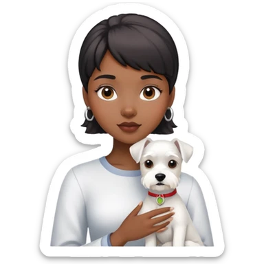 Black girl with short bangs holding a white schnauzer dog sticker