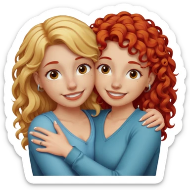 A woman with straight blonde hair and a nose piercing and a woman with curly red hair and a nose piercing are hugging and smiling together. sticker