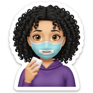 a pretty tan bratz girl with black curly hair. no makeup, looking sick, wearing a mask, coughing sticker