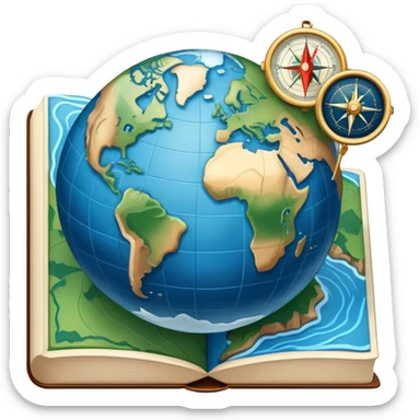 an icon featuring an earth with attitude and longitude lines, a textbook, and a topographic map, symbolizing geography as a science. The design includes a compass, mountain ranges, and rivers, representing the study of Earth's features and landscapes. Transparent background highlights geography. sticker