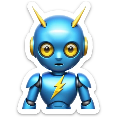 Small round cyber character with a glowing neon-blue C on its chest, big cute robot eyes, and a tiny yellow lightning bolt on its head sticker