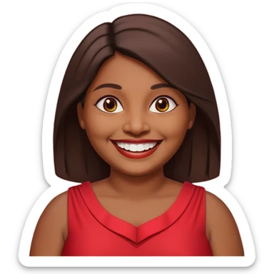 50 yr old chubby Sri Lankan woman, dark skin, straight brown hair, big smile, white teeth, red dress clothes, shoulder length hair, longer hair sticker