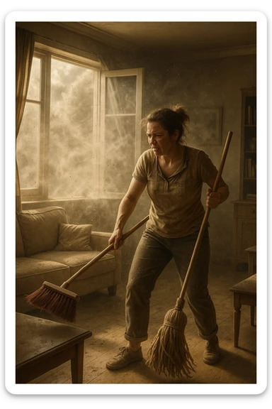 A realistic, cinematic image of a person cleaning a living room with a mop and broom, windows wide open letting in a strong gust of wind. Through the open windows, thick clouds of dust, pollen, and small debris visibly swirl into the room, floating in sunbeams that highlight the particles in the air. The person looks frustrated and tired, mid-action sweeping but clearly battling the incoming dust. Around the room, some furniture and surfaces already show a thin layer of dust settling. The scene is bathed in natural daylight with a slightly hazy atmosphere due to the airborne dust. The color palette uses warm, muted tones emphasizing the contrast between cleanliness efforts and the stubborn dirt and dust invading the space. The focus is on the tension between trying to clean and the unavoidable mess coming in from outside. sticker