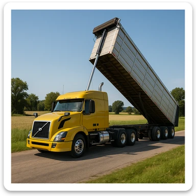 highly photorealistic Volvo yellow semi sleeper truck with a long silver end dump trailer in the raised dump position, driving to the left through a rural country setting with fields and trees, bright daytime lighting, clear sky sticker