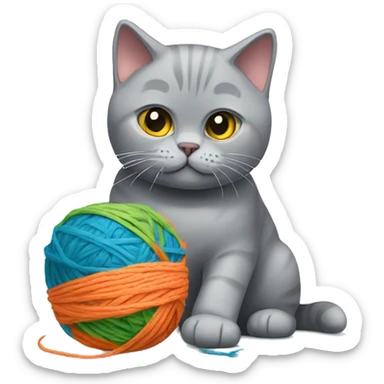 Grey British shorthair cat playing with a ball of yarn sticker