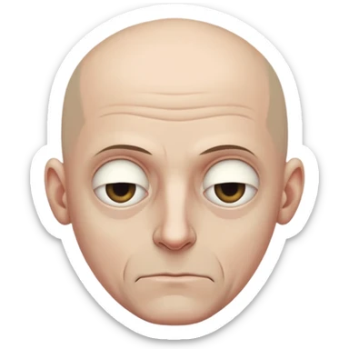 Steven Miller, bald, very grim expression, very narrow face, pronounced sagging eyelids lower on outer sides, bottom lip sticking out sticker