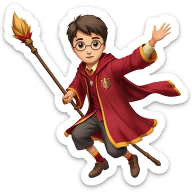 Cartoon-style illustration of Harry Potter flying on a broomstick, Gryffindor red and gold outfit, expressive face, dynamic motion, magical vibe, smooth shading, vibrant colors, no background, transparent background, isolated character. sticker