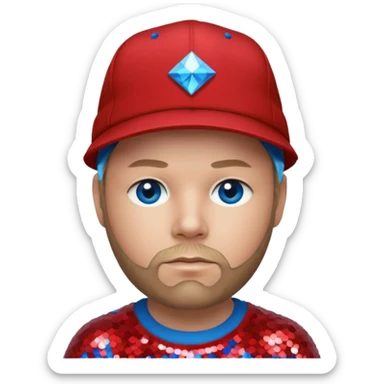 Fred Durst with dark blonde hair, red sequin shirt and hat, blue eye sticker