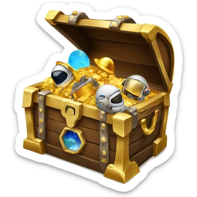 Open Treasure chest with astronaut helmets, gold,gems and some space themed items inside sticker