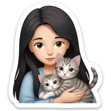 girl with black long hair, light-medium skin, brown eyes snuggling light grey tabby kitten sticker