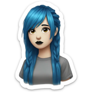 Sad emo girl, black makeup, long choppy blue hair side bangs sticker