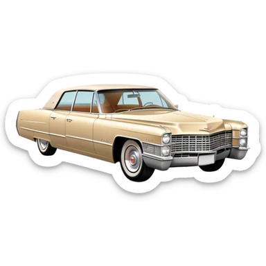 Classic beige 1966 Cadillac DeVille at perfect 30-degree angle, showing detailed front end and sleek side profile, elegant vintage luxury car from Once Upon a Hollywood, iOS emoji style sticker