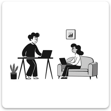 escenary 3d of a cozy mid-century living room with two people working on laptops, one man standing at a desk and one woman sitting on a couch, two walls and floor visible sticker