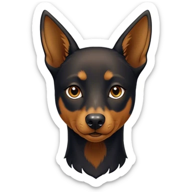 Cinematic Noble Black and Tan Kelpie Portrait Emoji, Poised and regal, with a strong, agile build and a glossy, well-groomed Fur of deep black and tan accents, piercing dark eyes, Simplified yet sharp and sophisticated features, highly detailed, glowing with a soft, dignified glow, high shine, intelligent and energetic, stylized with an air of determination, focused and attentive, soft glowing outline, capturing the essence of a watchful and confident herder, so majestic it feels as though it could bound out of the screen with effortless authority! sticker