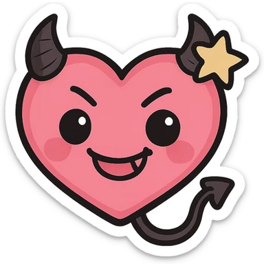 devil emoji, chibi style, pink and black colors, heart-shaped face, small horns, mischievous grin, cute expression, star accessory sticker
