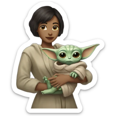 Young woman, dark short hair, holding baby yoda sticker