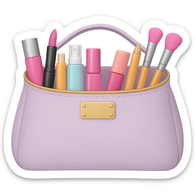 Create an image of a cosmetic bag with cosmetics peeking out. The bag should be pastel colored and styled like an emoji. The background should be removed, isolating the subject clearly. sticker