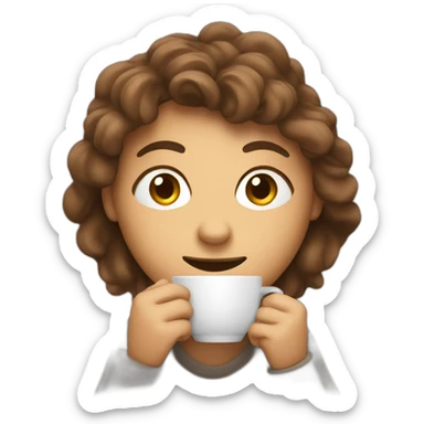 person with a cup of coffee in hands and eyes wide open, face all visible, nervous smile sticker