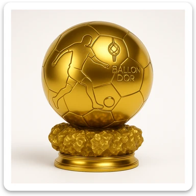 Replace the footballer silhouette on the Ballon d'Or trophy with Ousmane Dembélé's signature silhouette in a dynamic dribbling pose. Maintain a realistic gold style that is elegant and shiny, on a white background. sticker
