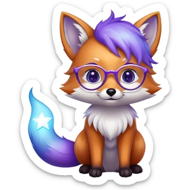 Heart eyes 😍 — a small magical fox with shimmering purple and blue fur, a glowing fluffy tail, a silver star on its forehead, round glasses, and a tiny lantern. sticker