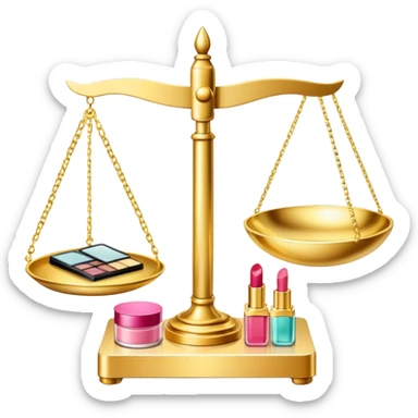gold scale with dollars on one side and beauty products like lipstick, perfume, makeup on the other sticker