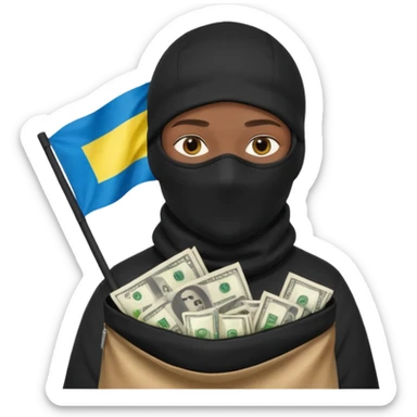 создай украинца в черное одежде и черной балаклаве с большим мешком денег на котором есть флаг страны в руках sticker
