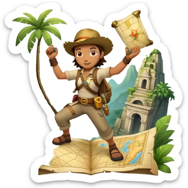 An icon featuring an adventurer in a dynamic action pose with treasure map, ancient ruins and jungle landscapes in the background. The design includes clues, hidden passages and climbing gear, symbolizing the thrill of exploration and discovery. Transparent background. sticker
