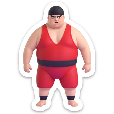 Close-up of white skin fat guy with young face, no muscle with prominent black durag, completely shaved face, no beard or mustache, black eyes in a red and black wrestling singlet with angry face sticker