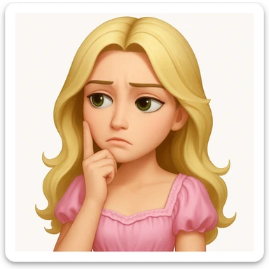 Create an image of a blonde with long hair and swamp eyes wearing a pink pastel dress, thoughtful expression. The style should match the apple emoji style as shown in the reference image. sticker