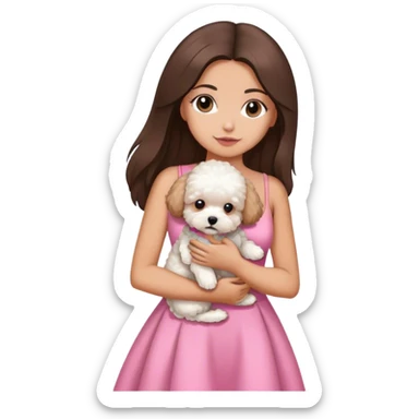 brunette sexy with long straight hair holding white maltipoo in pink dress sticker