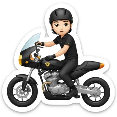 generate a pretty fair bratz boy with a messy mullet (black hair), wearing a BLACK polo.  on a superbike sticker