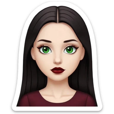 white girl with dark straight long hair, green eyes, black eyelashes, dark red lipstick and black dress sticker