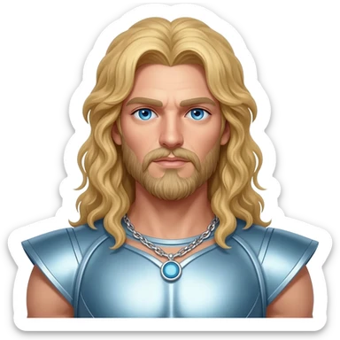Zeus from Greek Mythology with blue eyes, long blonde hair, light steel blue metallic outfit, silver necklace sticker