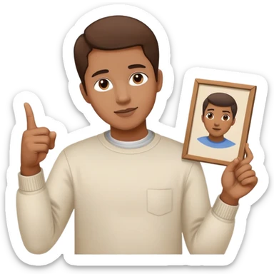 Person pointing at inspiring finished portrait rather than scattered paints sticker