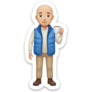 full body bald man wearing long sleeve white shirt with blue puffy winter vest holding a cup of coffee in front of him and nothing in his other hand sticker