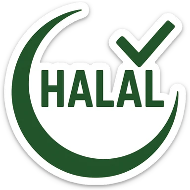 the word 'Halal' with a green checkmark and crescent, emphasizing certification sticker