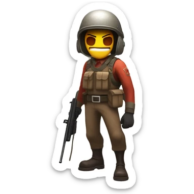 The Soldier from Team Fortress 2, with a helmet covering his eyes and with a maniacal smile sticker