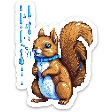 Pixel art squirrel with distinct brown fur, bushy tail, and obvious blue drool dripping from mouth in multiple pixel droplets sticker